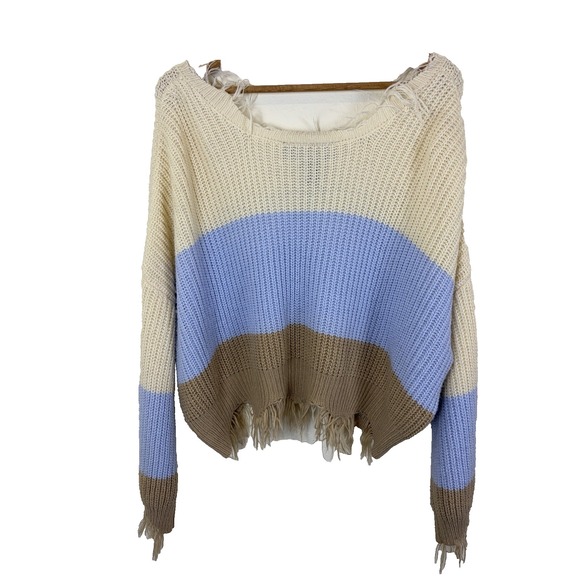 American Eagle Woman's Crop Sweater Size XL Cream Color Block Boho Hippie Fringe - Picture 2 of 8